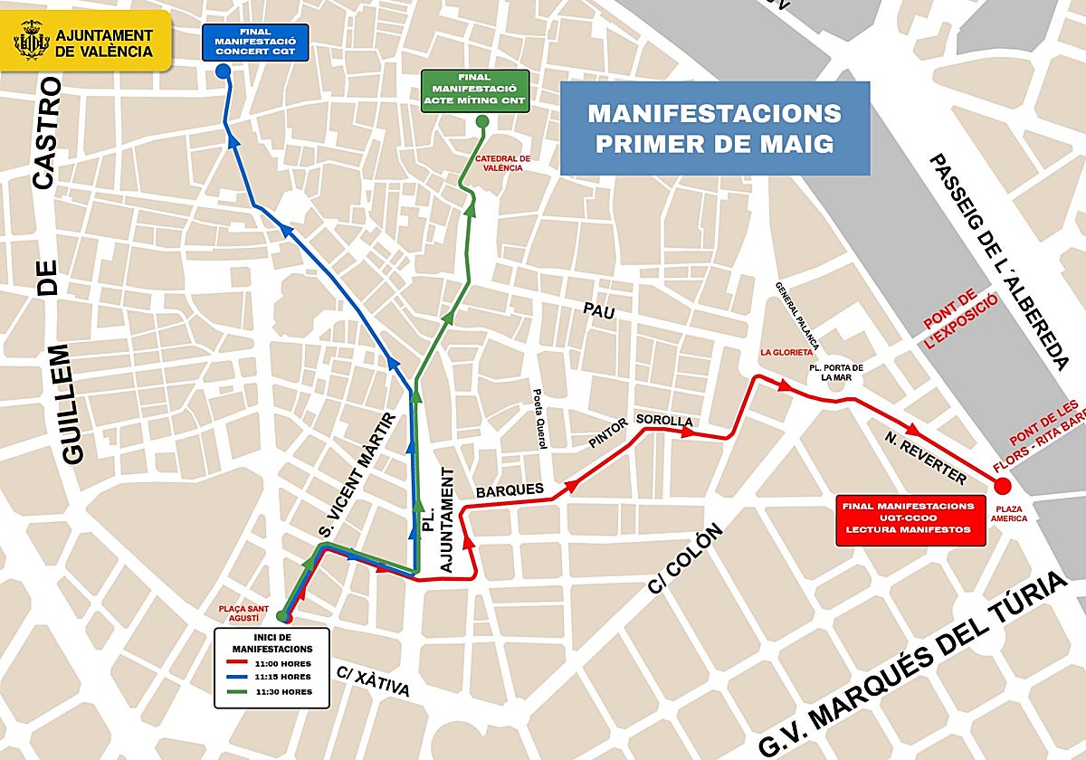 Recorrido manifestaciones por el 1 de mayo en Valencia