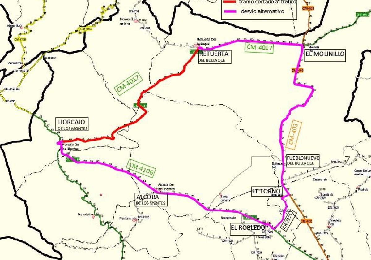 Mapa de la zona con los desvíos alternativos