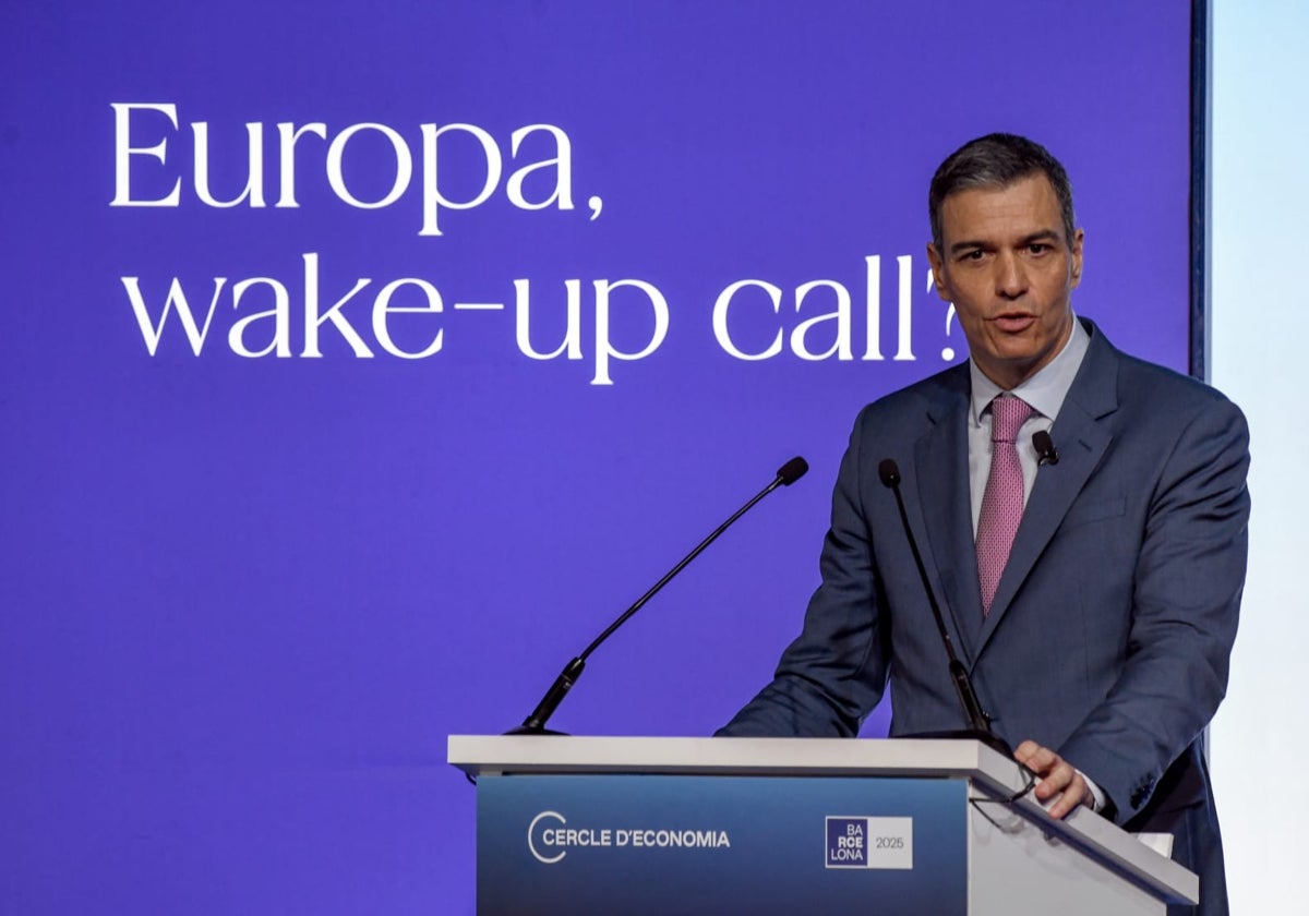 Pedro Sánchez, presidente del Gobierno, hoy, durante su intervención en la jornada del Círculo de Economía en Barcelona