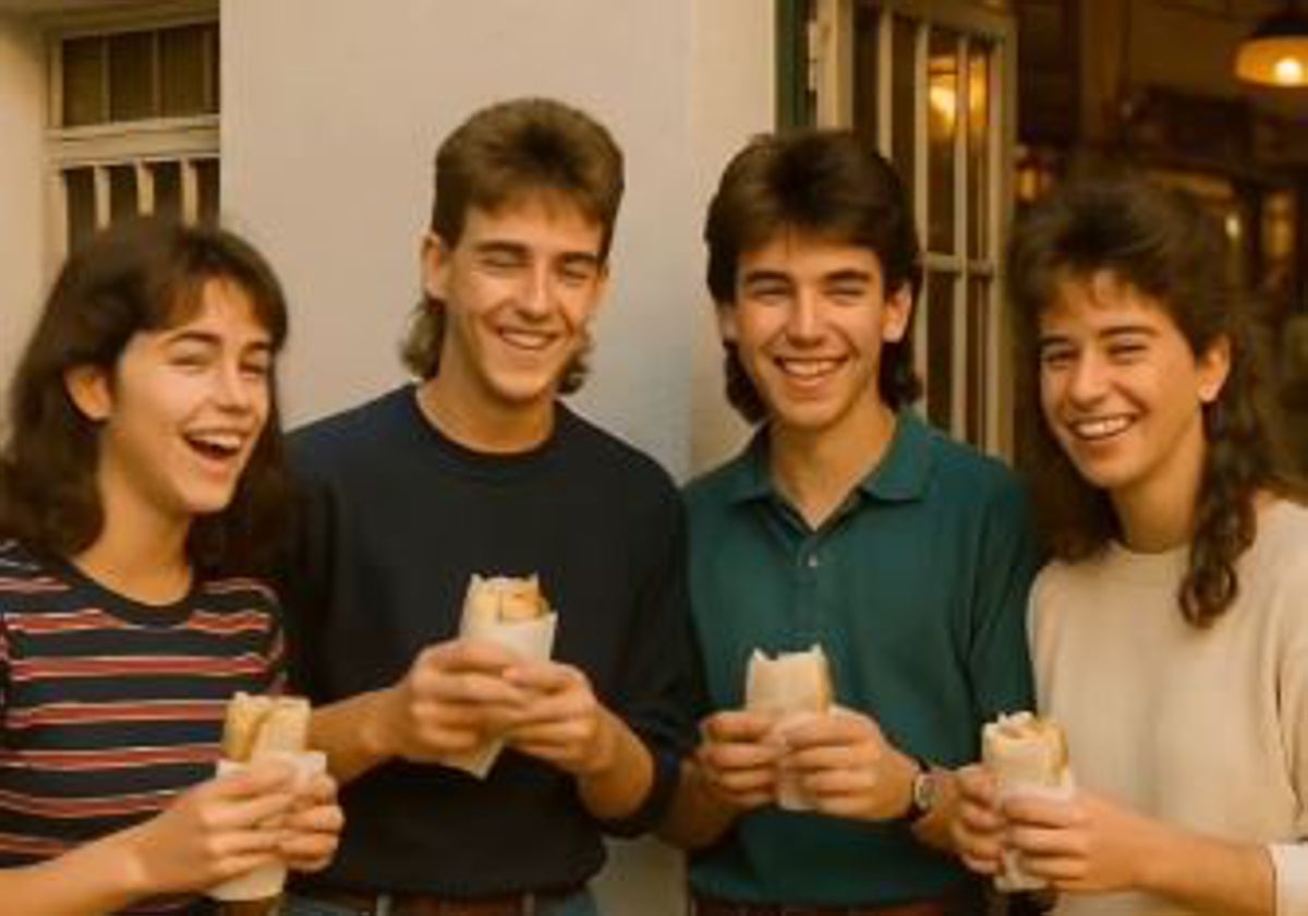 Imagen recreada con Inteligencia Artificial de unos jóvenes comiendo en el Bocadi en los 80'