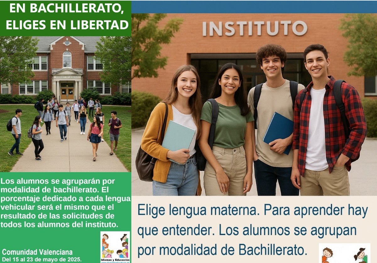Carteles divulgativos de la campaña de Idiomas y Educación para animar a las familias a «elegir en libertad» la lengua en Bachillerato en la Comunidad Valenciana