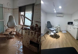Imagen del antes y el después de una clínica de podología de Alfafar afectada por la dana