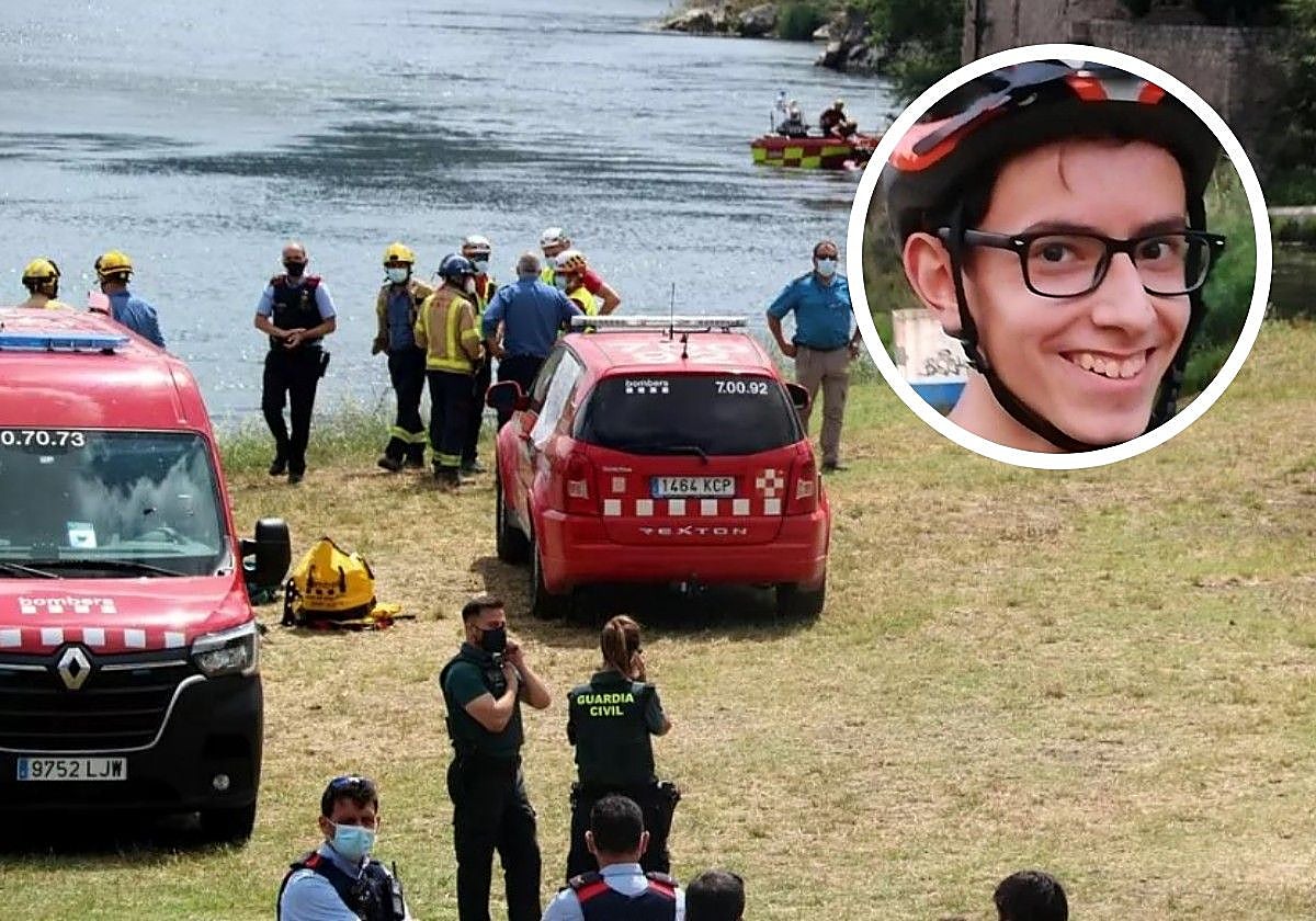 Dispositivo de Emergencias para tratar de rescatar a Iván (arriba), que falleció ahogado en el Ebro durante una excursión escolar, el 3 de junio de 2021