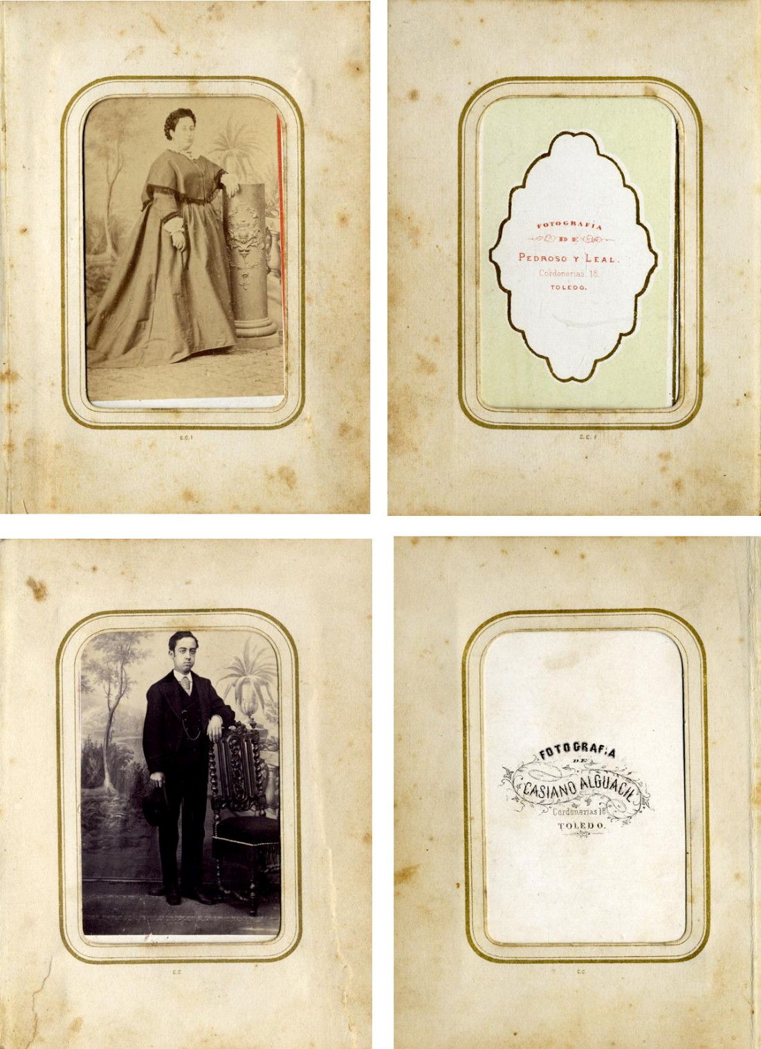 Arriba, retrato de una dama y su reverso impreso: 'Fotografía de Pedroso y A. Leal. Cordonerías, 18'. Debajo, retrato realizado años después, por Casiano Alguacil, en el reverso figura la misma dirección donde funcionó el gabinete de Pedroso hasta 1867. Véase que en ambos retratos aparece el mismo forillo que evoca un espacio ajardinado. Esto indica que Alguacil se hizo con el material que empleó F. González Pedroso hasta el cierre de su negocio fotográfico.