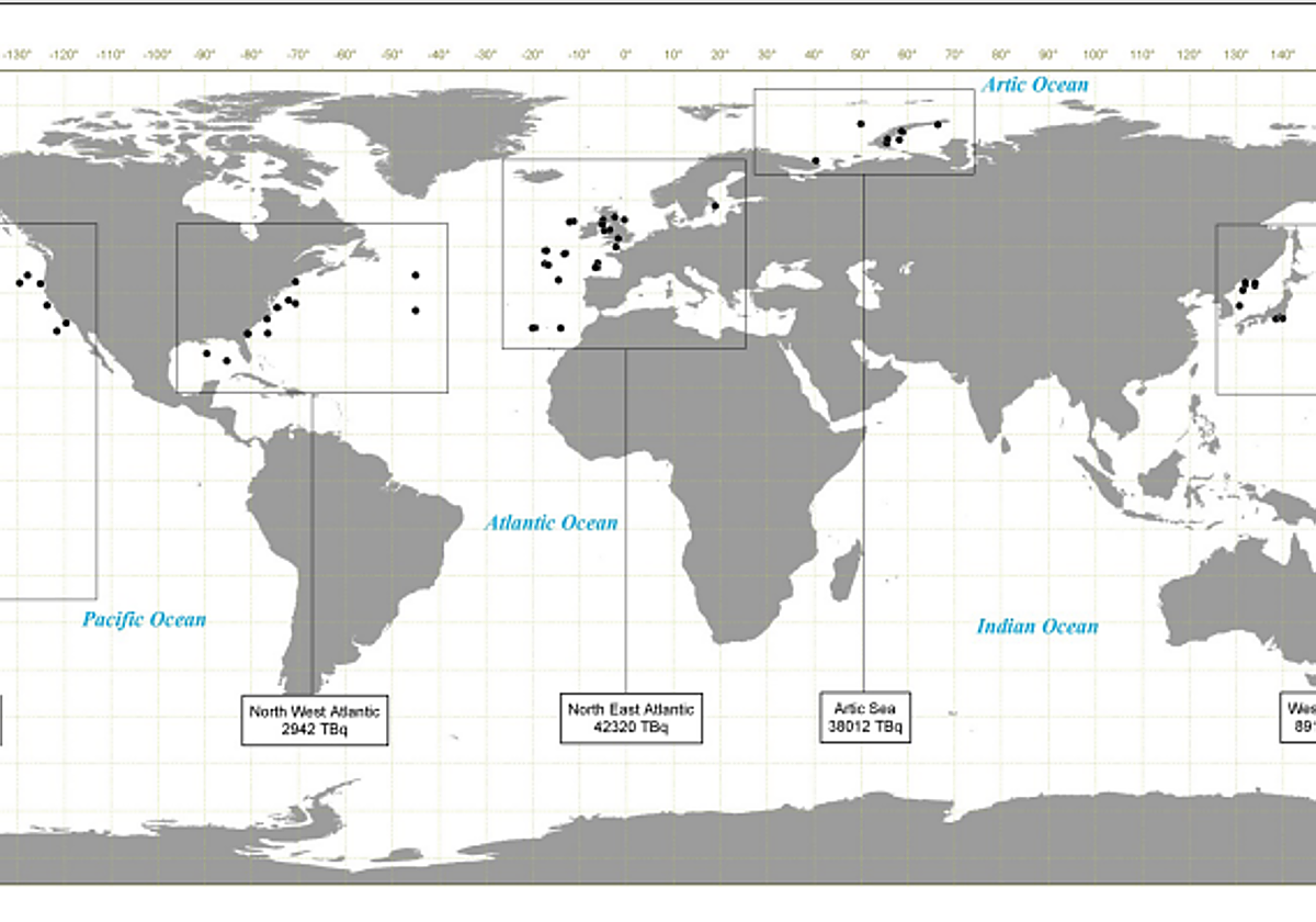 Inventario de vertidos al mar en todo el mundo, incluidas las cantidades totales en terabequerelios (unidad de medida de radioactividad) por región y los países que realizaron operaciones de vertido en un antiguo informe