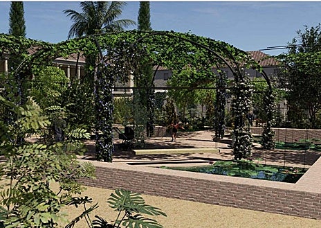 Imagen secundaria 1 - Una de las pasarelas interiores del parque. Abajo, cúpula central junto a cuatro estanques. Nuevo acceso tras la demolición del muro de la calle Tomás Conde y adoquinado similar al del perímetro de la Mezquita-Catedral, para fomentar su integración.