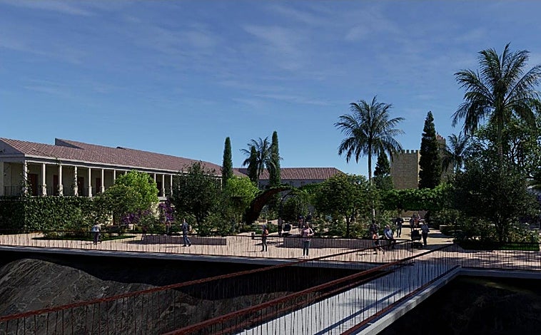 Imagen principal - Una de las pasarelas interiores del parque. Abajo, cúpula central junto a cuatro estanques. Nuevo acceso tras la demolición del muro de la calle Tomás Conde y adoquinado similar al del perímetro de la Mezquita-Catedral, para fomentar su integración.