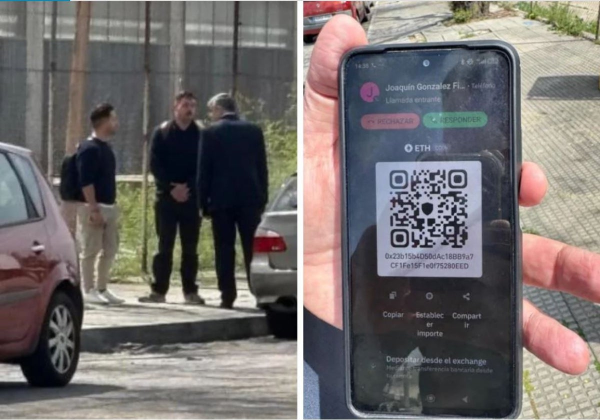 El agente (de espaldas) les habría pedido el dinero en una billetera digital oculta (derecha)