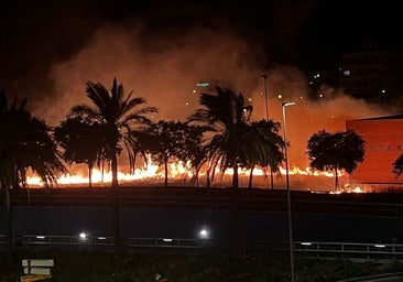 Aparatoso incendio entre la glorieta Ibn Zaydun y las vías del tren en Córdoba, a escasos metros de la estación