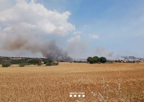 Imagen secundaria 1 - Arriba, el vehículo que habría originado las llamas. Sobre estas líneas, evolución del incendio durante la tarde del sábado. Ahora ya controlado por los Bomberos
