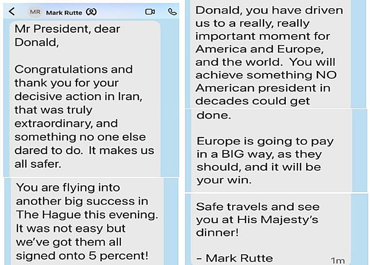 La captura de pantalla del mensaje que Rutte le ha enviado a Trump