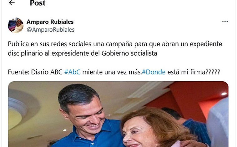 Imagen - Amparo Rubiales borra el tuit de la recogida de firmas para echar a Felipe González del PSOE y luego acusa a ABC de mentir por haberlo sacado