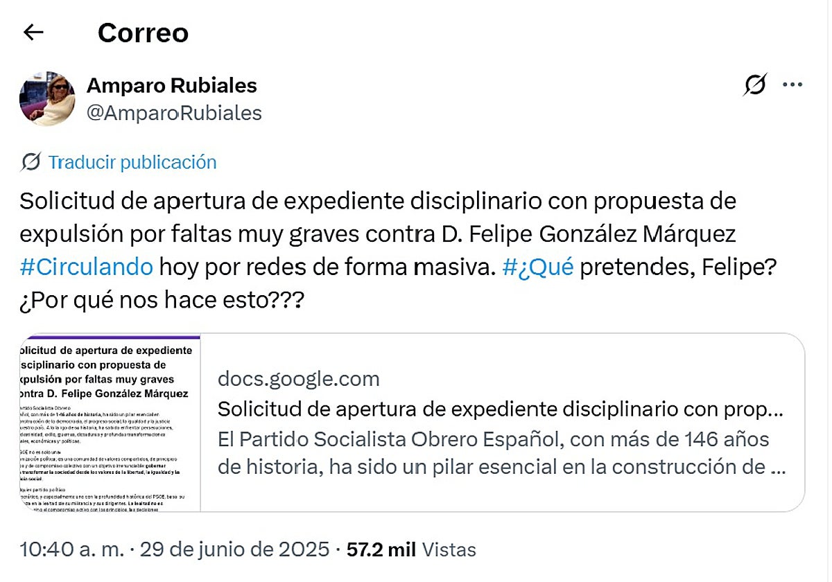 Mensaje publicado este domingo en la cuenta de Amparo Rubiales, presidenta del PSOE de Sevilla