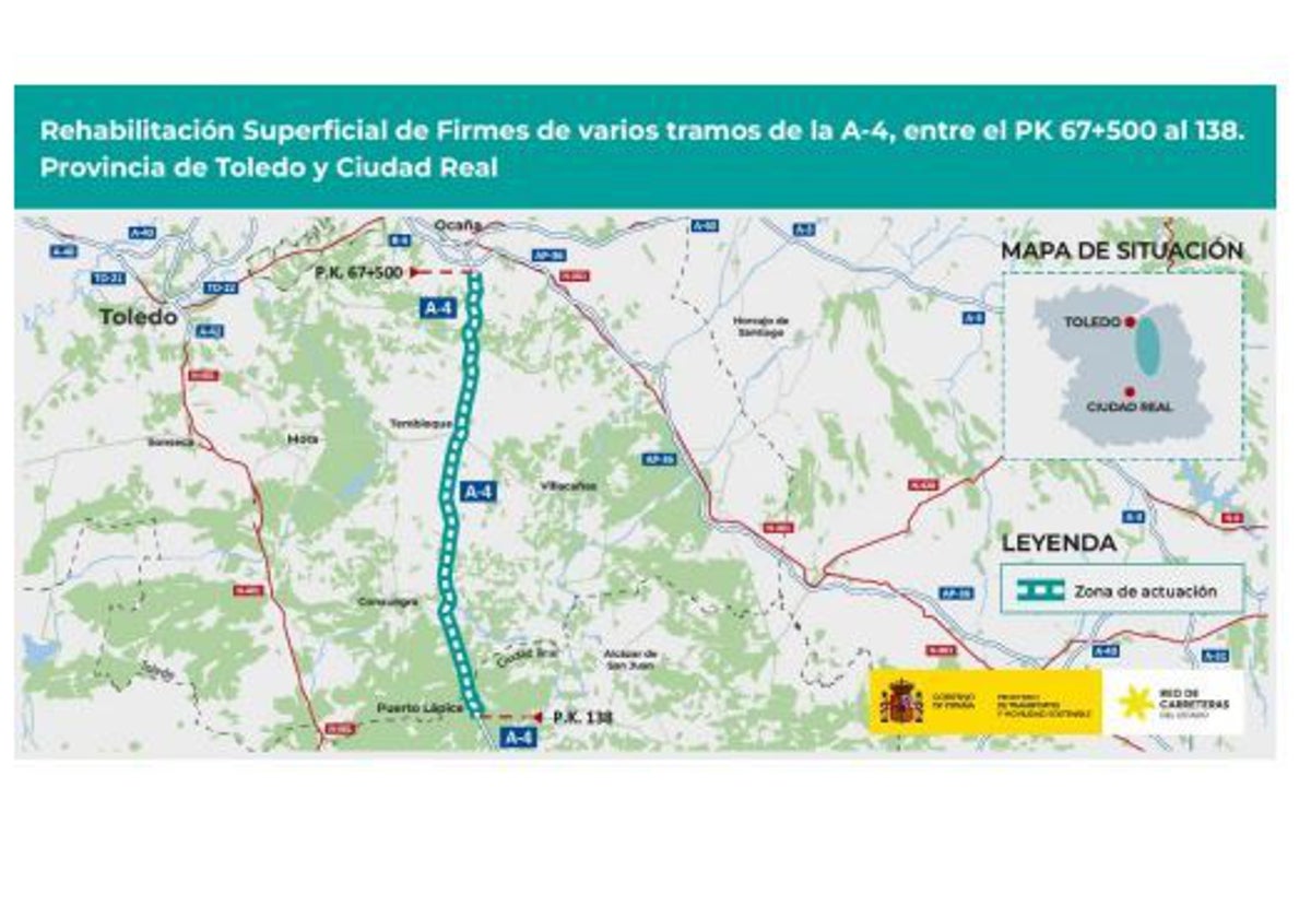 Transportes licita por 22 millones la rehabilitación del firme en varios tramos de la A-4 entre Ocaña y Puerto Lápice