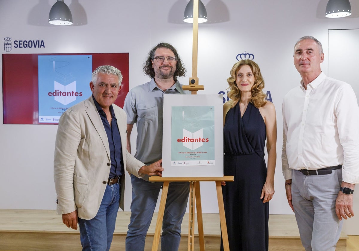 La viceconsejera de Acción Cultural, Mar Sancho, el alcalde de Segovia, José Mazarías; el vicepresidente de la Diputación, José María Bravo; y el editor de la Uña Rota, Carlos Rod; participan en la presentación de la II Feria de Editores de Castilla y León
