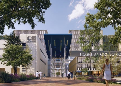 Imagen secundaria 1 - Arriba, ficción del nuevo hospital en una toma aérea. Abajo, izq., nuevos pabellones y un aspecto (dcha) general del Gregorio Marañón cuando termine las obras