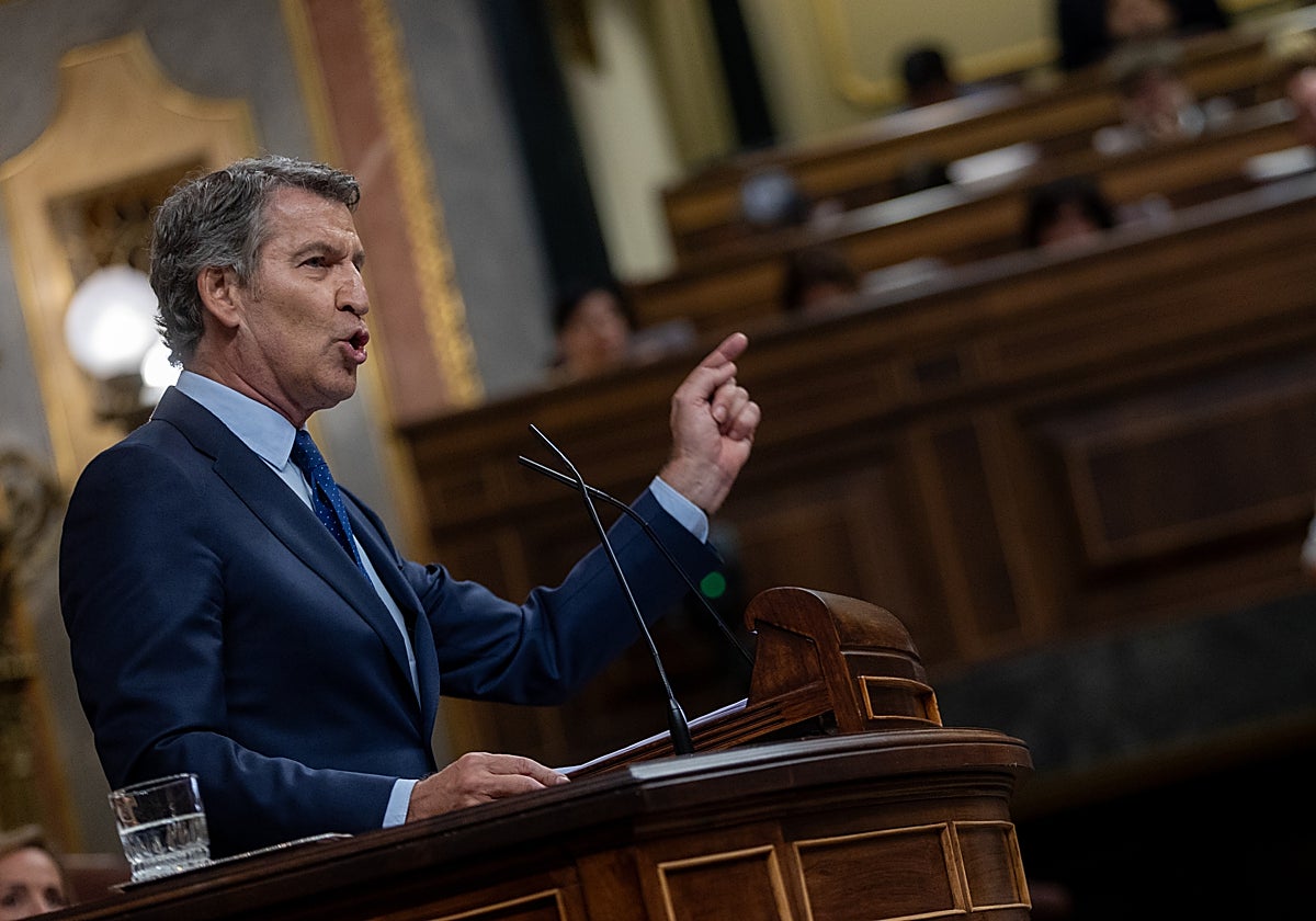El presidente del Partido Popular, Alberto Núñez Feijóo, durante su intervención