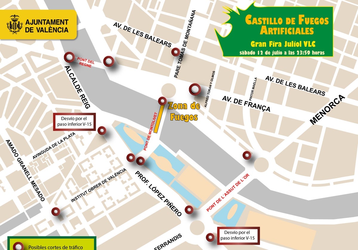 Mapa del dispositivo especial de tráfico por el castillo de fuegos artificiales