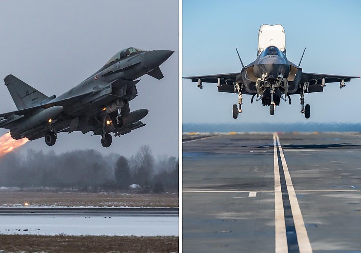 Un Eurofighter despegando de una base y un F-35 aterrizando en un portavioones