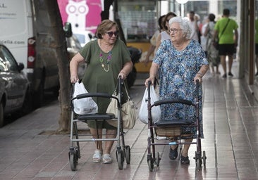 Dos personas mayores pasean por la Viñuela con sus compras