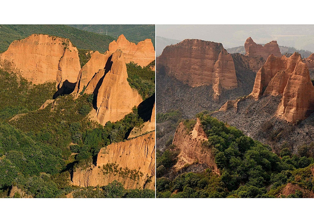 Estado anterior y actual de Las Médulas tras el incendio