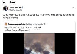 Óscar Puente, en las redes sociales sobre el incendio de Tarifa: «Este a Mañueco le pilla más cerca que los de CyL. Igual puede echarle una mano a Juanma»