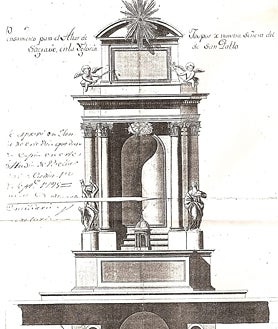 Imagen secundaria 2 - Detalles de diferentes estampas de la Virgen del Sagrario de Toledo de Cádiz y proyecto de su retablo 