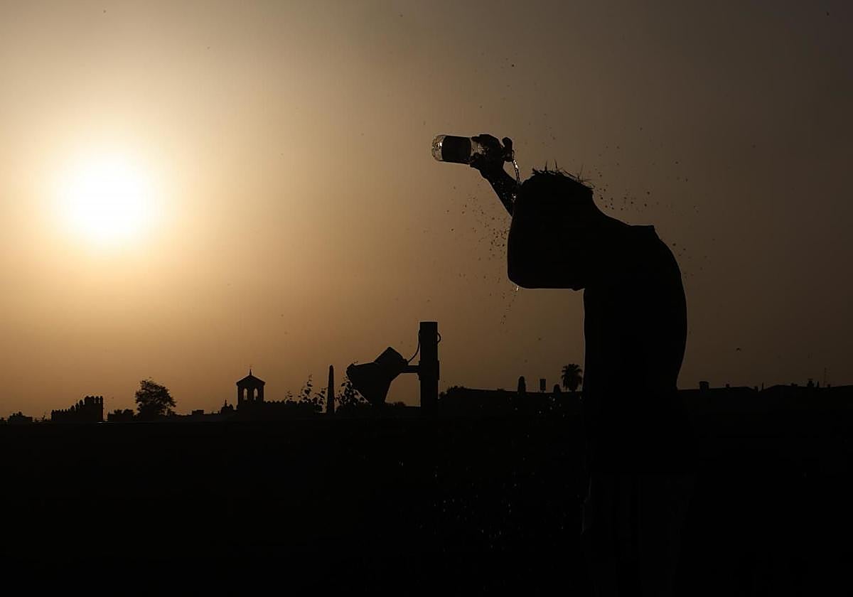 Un joven se refresca para soportar las temperaturas extremas