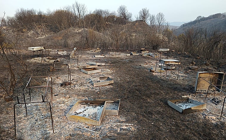 Imagen principal - Cuando la llama se apaga, los daños siguen. No sólo en un paisaje destrozado, también en las vidas y negocios como las colmenas de Carlos o el bar-restaurante de Marifé, en La Médulas, también en León, una de las provincias más castigadas por el fuego