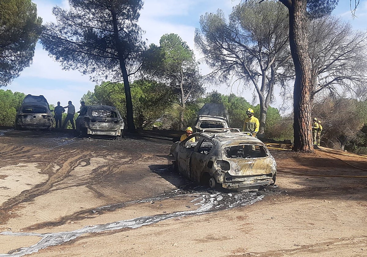Incendio, ayer, en el aparcamiento de la ermita de San Martín de Valdeiglesias