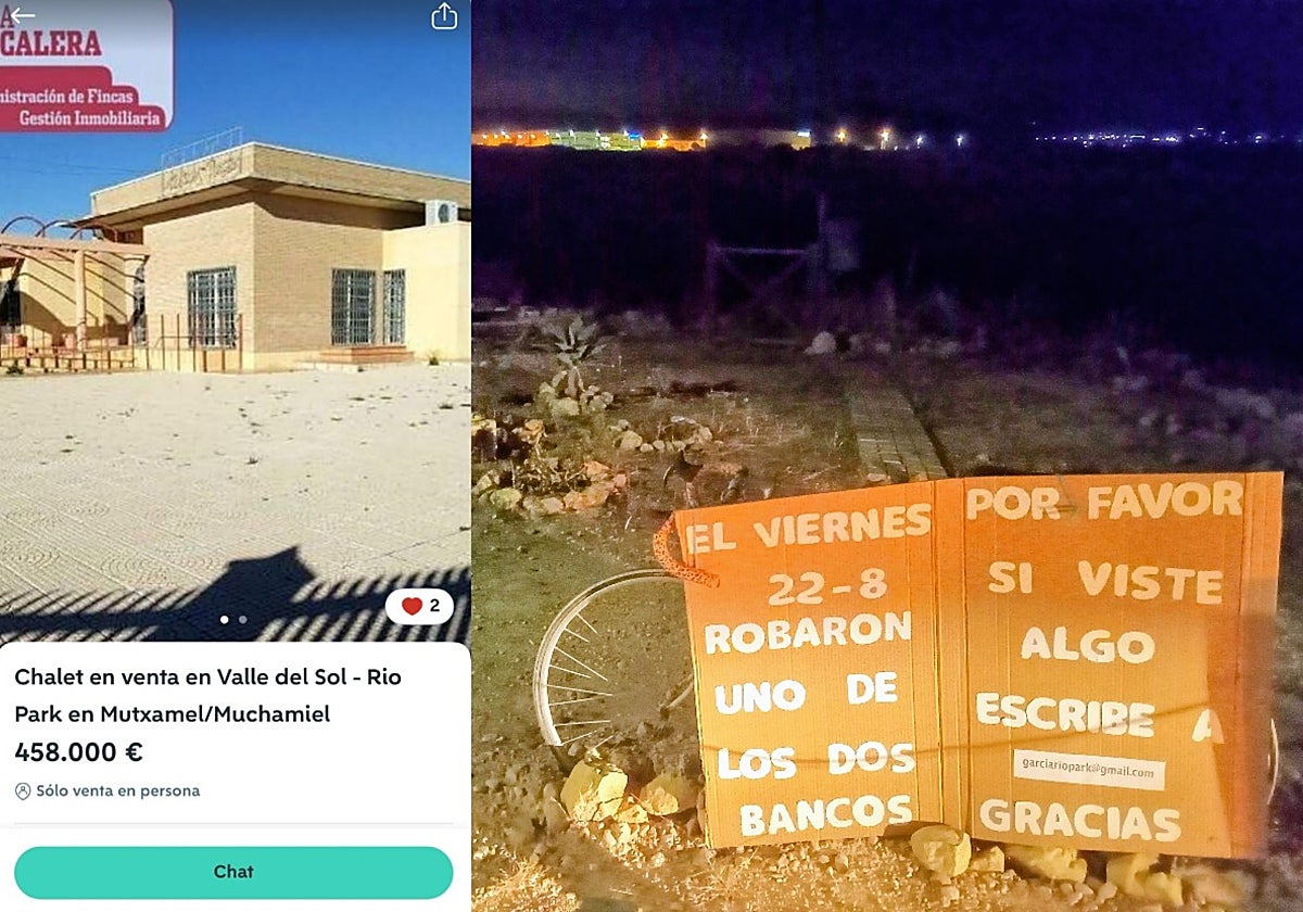 El anuncio 'fake' de la venta de la sede vecinal de Río Park como un chalé (izda.) y el cartel denunciando el robo de un banco en el parque montado por los propios vecinos