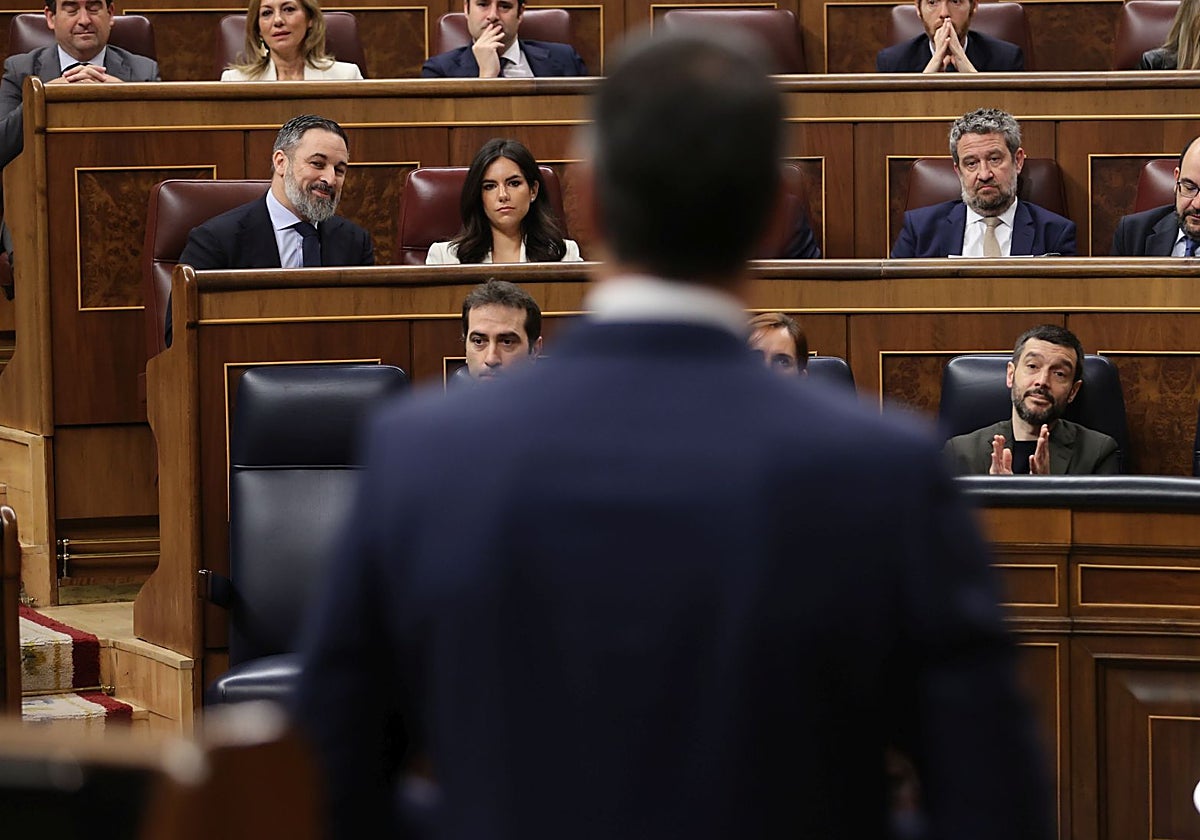 Imagen de archivo de Santiago Abascal durante una intervención de Pedro Sánchez en el Congreso