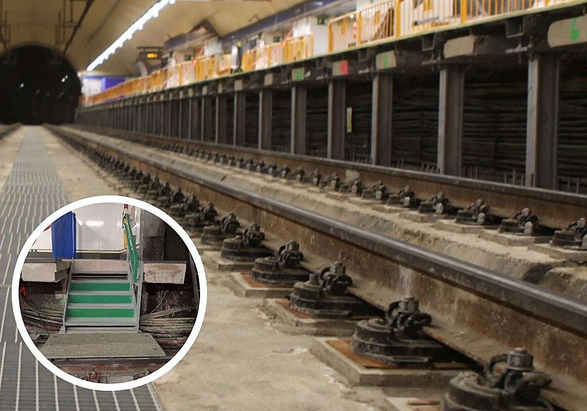 Los andenes, con el refuerzo para sujetar las puertas de separación. En la foto pequeña, una escalera de evacuación de las que se han instalado en todos los andenes reabiertos