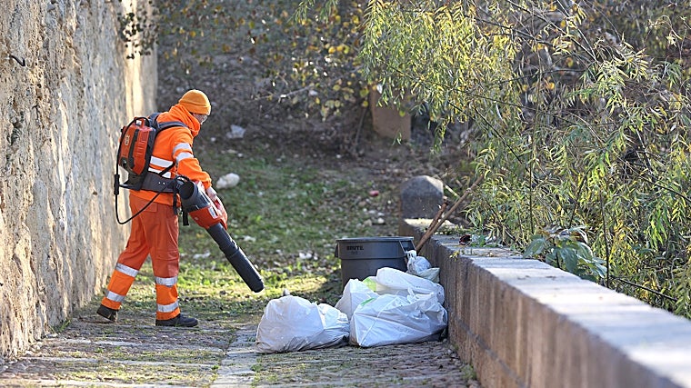 Un operario de Sadeco limpia en el entorno de la Ribera