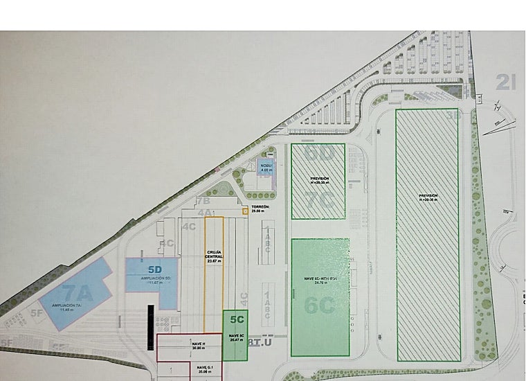 Plano de la parcela de Hitachi en Córdoba con las zonas nuevas previstas sombreadas en verde