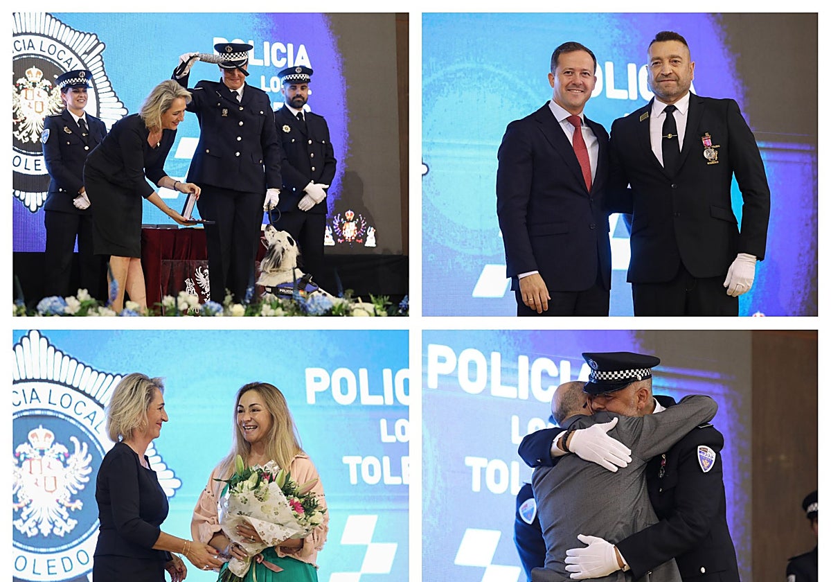 'Narco', el perro de la Unidad Canina, recibió su distinción de manos de la vicealcaldesa; la mujer de Santiago Guío con su ramo de flores; el bombero Francisco Martín, con el alcalde, Carlos Velázquez y el policía Miguel Ángel Ávila recibe el abrazo del ciudadano que salvó la vida
