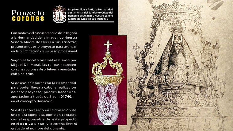 En el centro de la fotografía, la corona de orfebrería en una tulipa del paso, y a la derecha el dibujo de MIguel del Moral