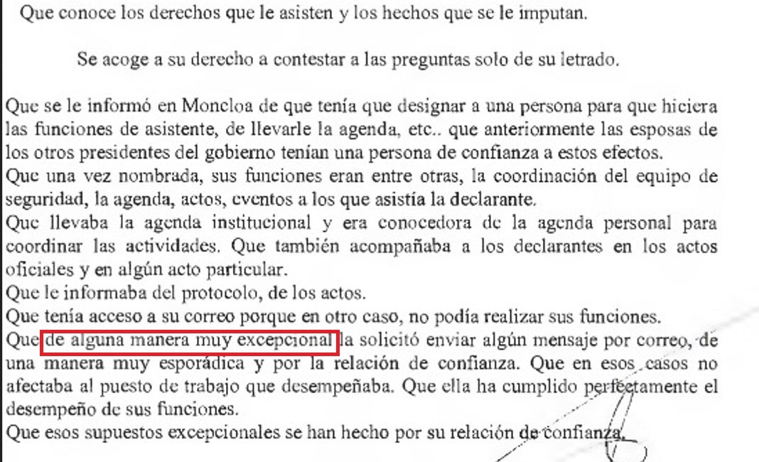 Captura de la transcripción de la declaración de Begoña Gómez