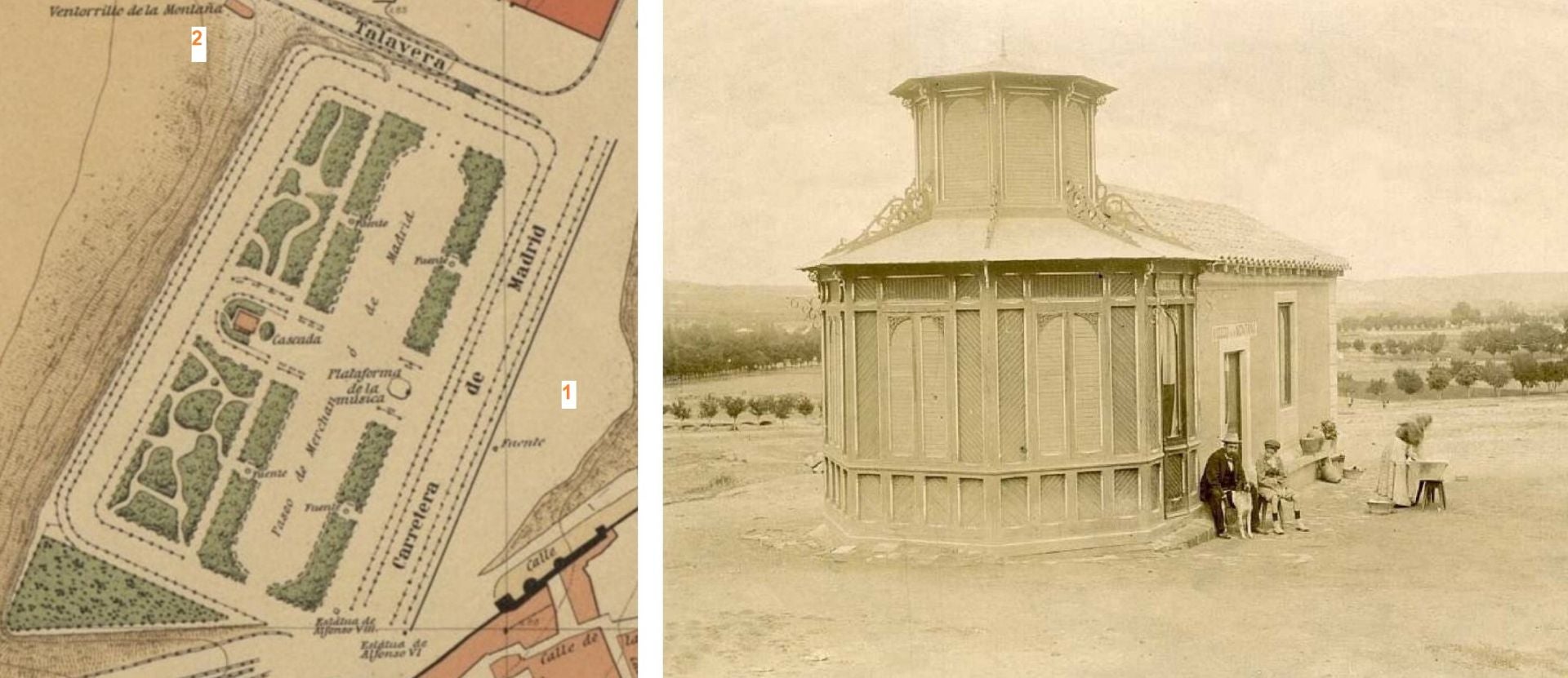 A la izquierda, plano del paseo de Merchán (ca. 1905). En el número 1 señalamos la explanada que se habilitó en 1902 para colocar los carruseles y bailes. El 2 indica la ubicación del 'Ventorrillo de la Montaña' que muestra la fotografía derecha. Desde allí bajaba el «jardín en rampa» al velódromo de la Vega Baja. Archivo Municipal de Toledo