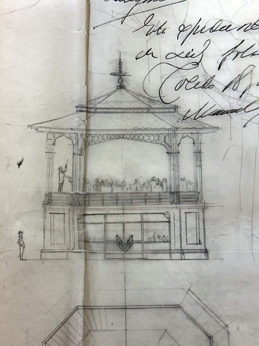 Boceto de quiosco para la música frente a la Casa Rustica. Lo firmó el arquitecto municipal Flaviano Rey de Viñas en 1936.Tendría un basamento de hormigón que albergaría un semisótano, la plataforma para los músicos y una cubierta metálica. La obra quedó truncada por el estallido de la guerra civil. Archivo Municipal de Toledo