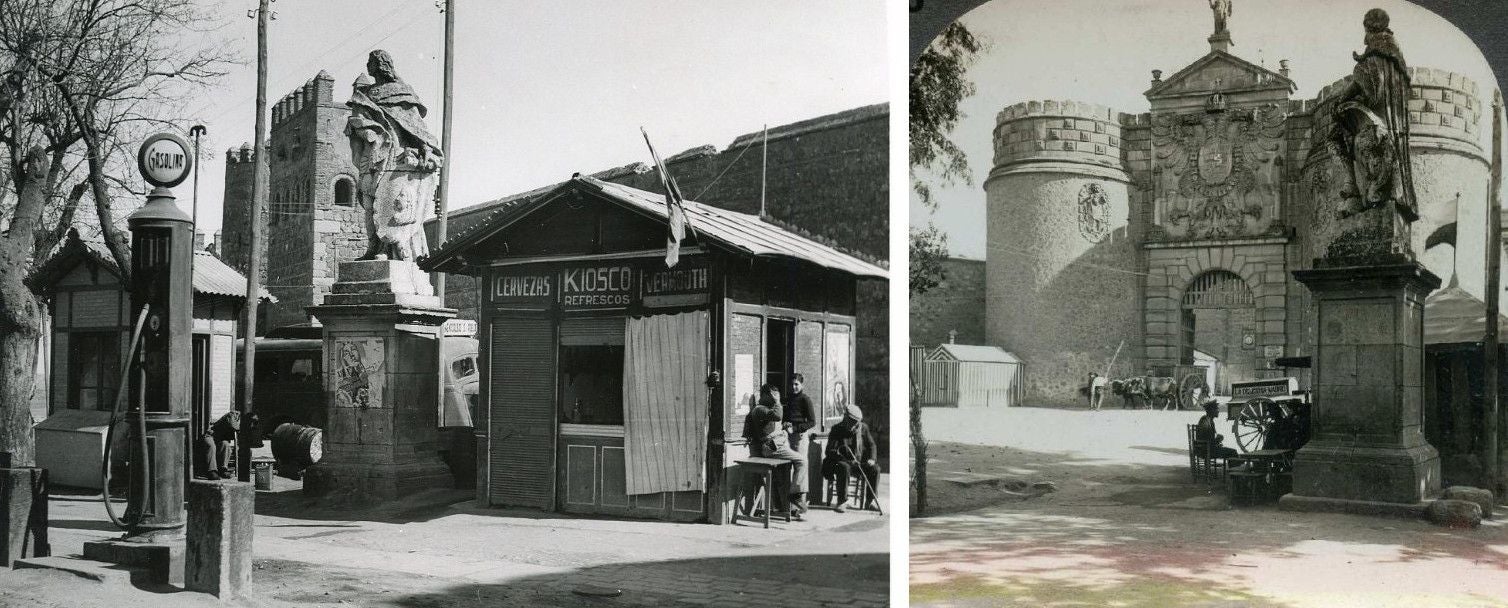 Inicio del paseo de Madrid junto a la puerta de Bisagra antes de 1934. A la izquierda, la estatua de Alfonso VI rodeada por una caseta de bebidas y un surtidor de gasolina. A la derecha, sobre el pedestal, la figura de Alfonso VIII. Archivo Municipal de Toledo. Colección Luis Alba