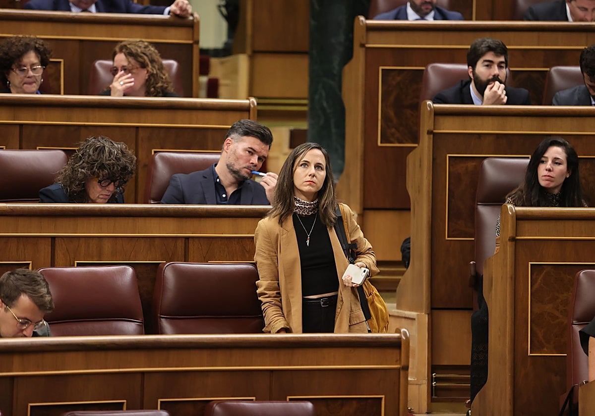 La secretaria general de Podemos, Ione Belarra, en un momento del pleno de este miércoles