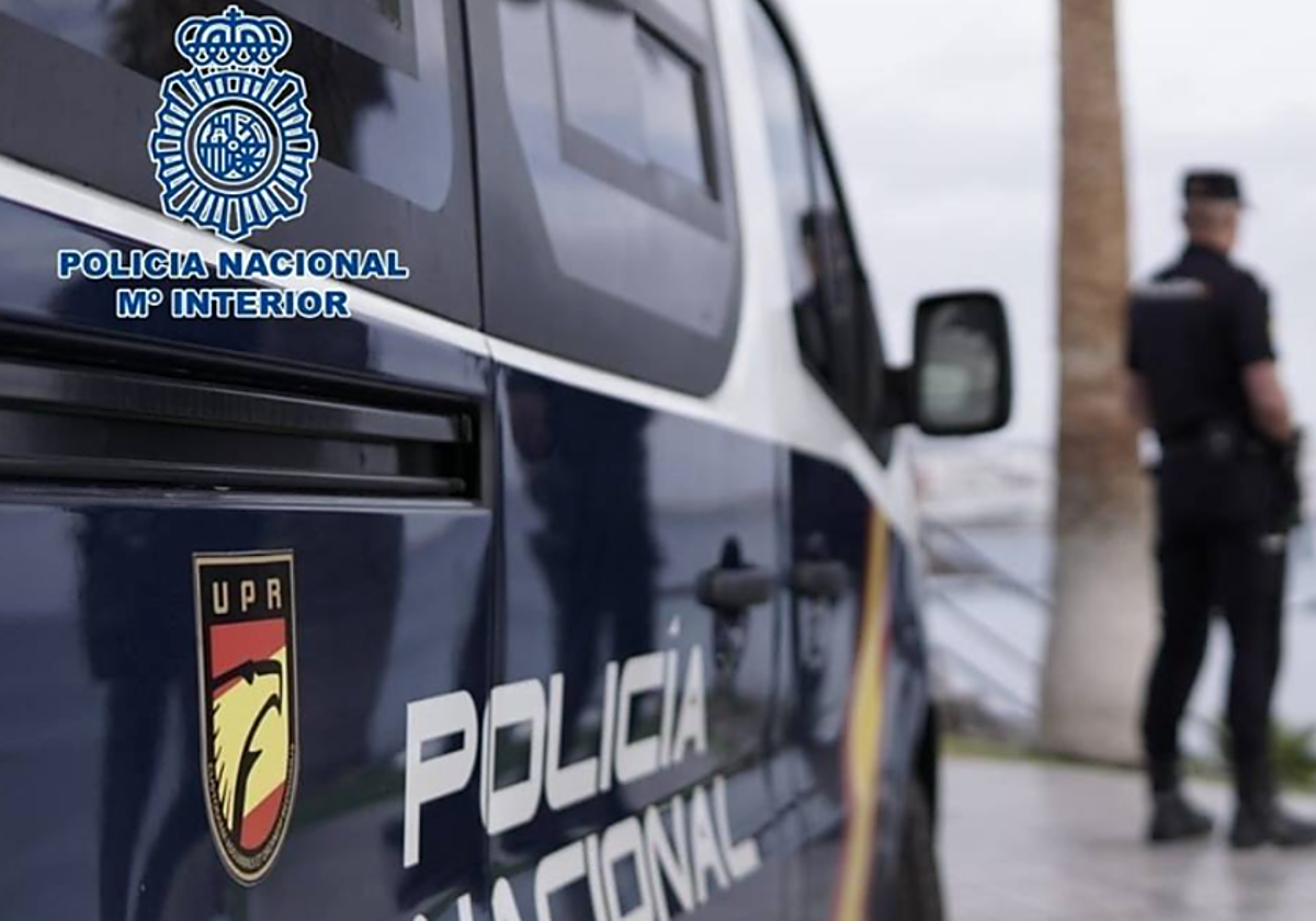 Dos agentes y el vehículo patrulla de la Policía Nacional en foto de archivo