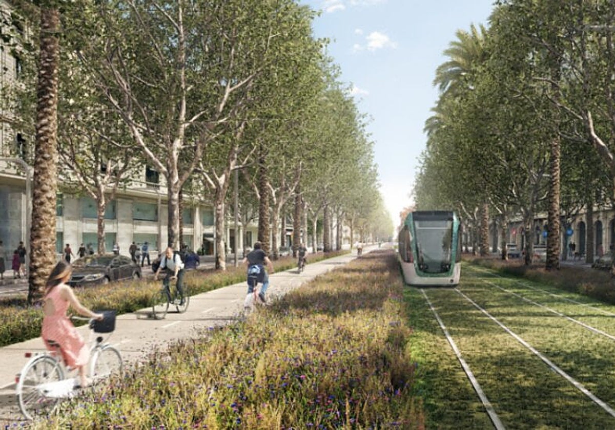 Recreación del proyecto para el paso del tranvía en el tramo entre Paseo de Gràcia y Francesc Macià