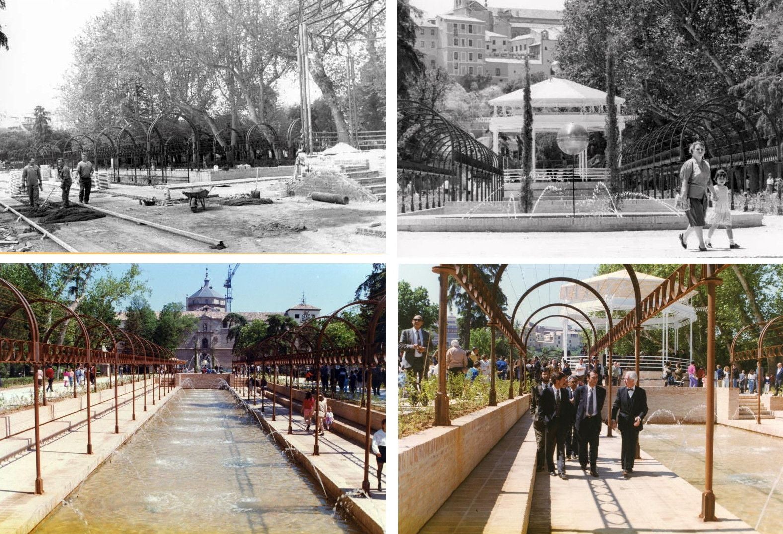 En la fila superior, trabajos en el salón central de la Vega en 1990 para construir unos estanques, pérgolas y un templete de música (Archivo Municipal de Toledo. Colección 'Ya-Toledo'). La fila inferior muestra uno de los estanques con bancos corridos situados en una cota inferior del nivel del paseo. Todo ello fue soterrado en 1998. La última fotografía recoge la inauguración oficial de la reforma el 12 de mayo de 1991 (Archivo Municipal de Toledo)