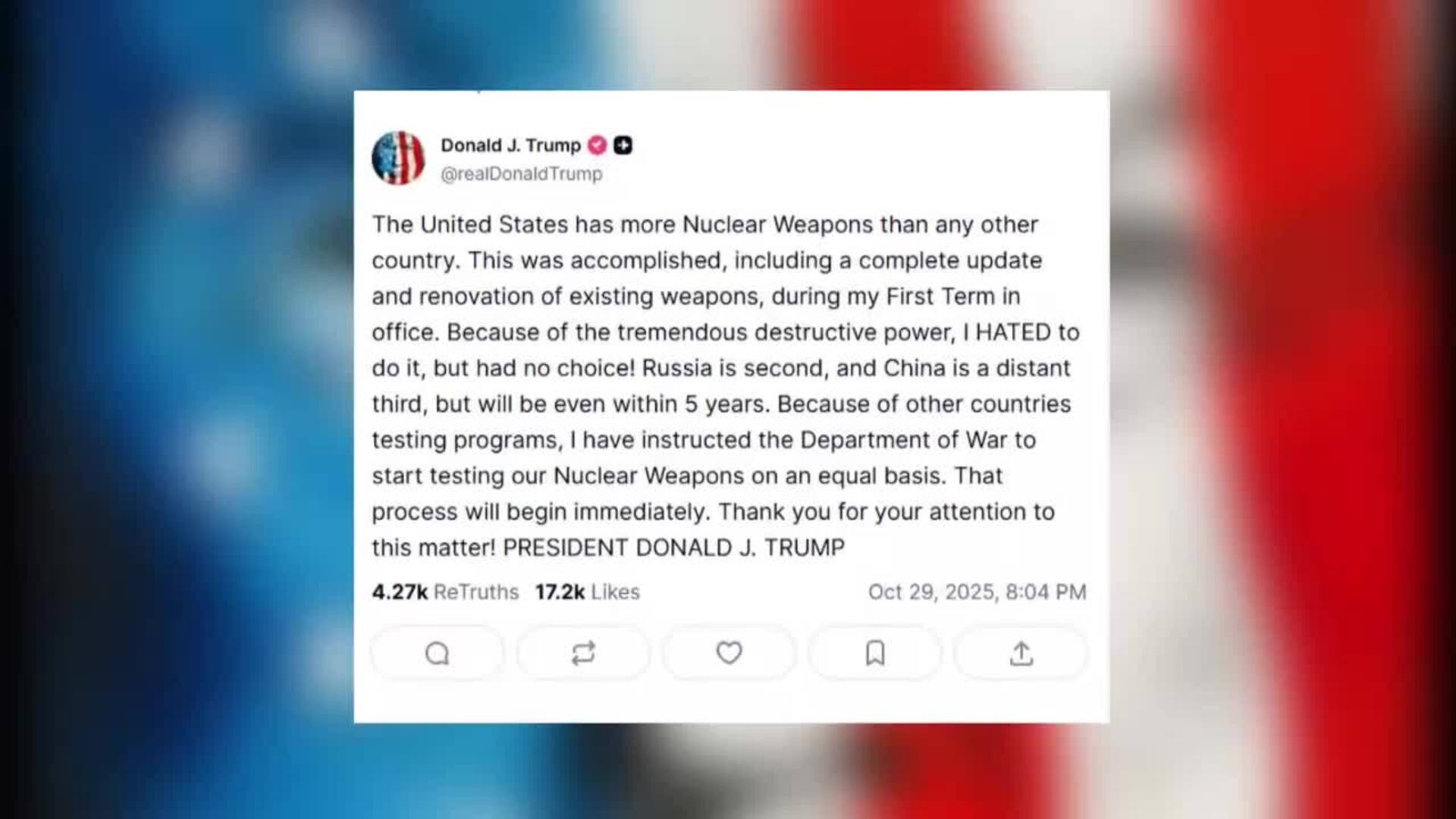 Trump dice que EE.UU. tiene un arsenal nuclear más grande que el de cualquier país