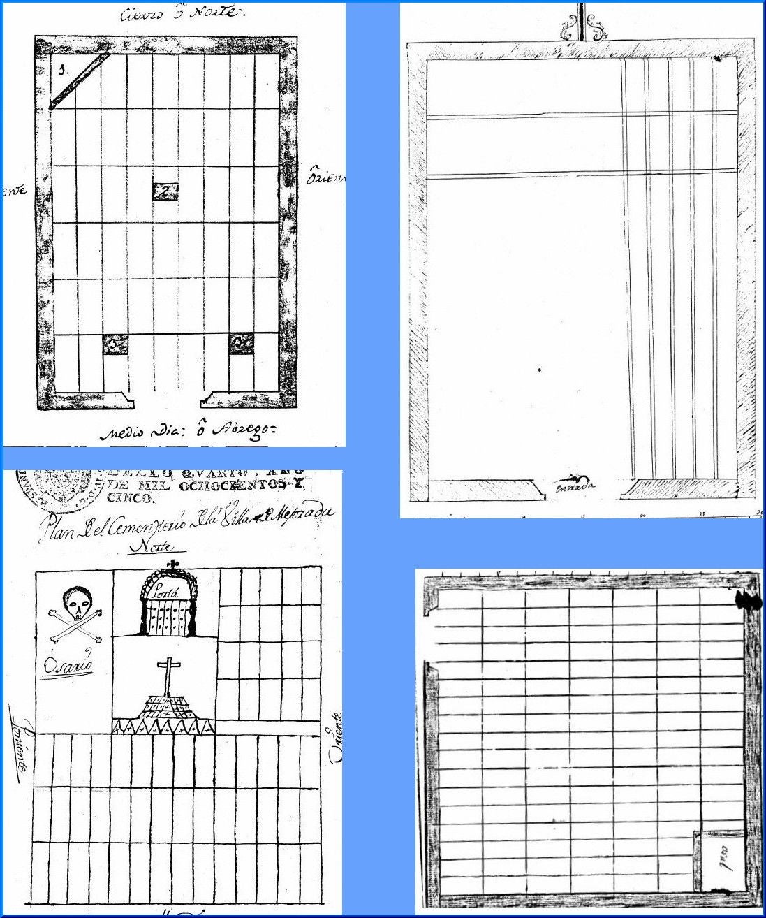 En 1804 y 1805 se publicaron dos reales órdenes obligado a crear camposantos exteriores. El alcalde de Talavera recibió las medidas tomadas por ayuntamientos de su alfoz. El Archivo Municipal de Talavera conserva aquellas respuestas, algunas con croquis de sus primeros cementerios. De izquierda a derecha y de arriba abajo, los de Cazalegas, La Estrella, La Nava de Ricomalillo y Mejorada