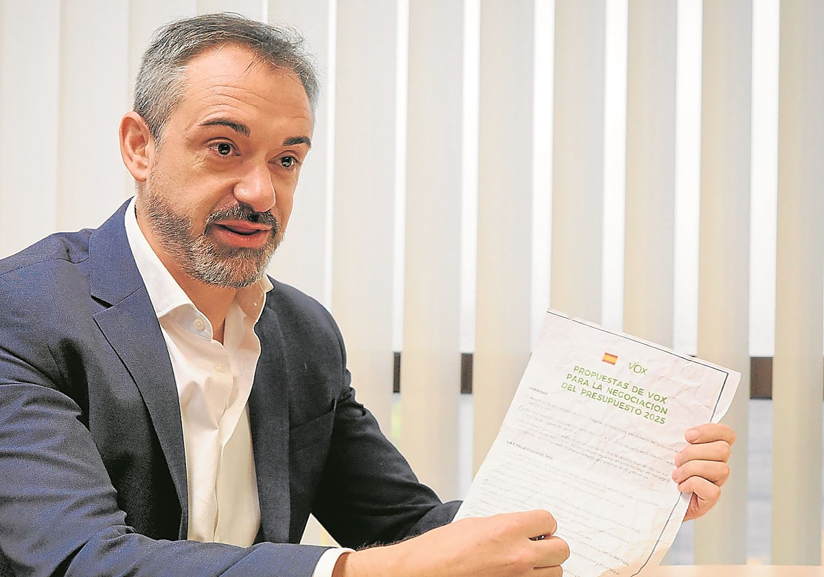 David Hierro (Vox) sostiene en sus manos el gurruño durante la entrevista en su despacho de las Cortes