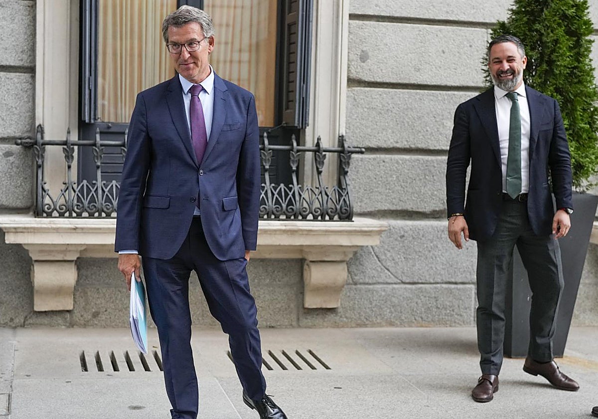 El presidente del PP, Alberto Núñez Feijóo (i), el presidente de VOX, Santiago Abascal en 2024