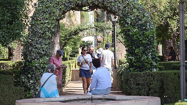 Turistas visitando este verano los jardines, única zona del Alcázar visitable desde entonces